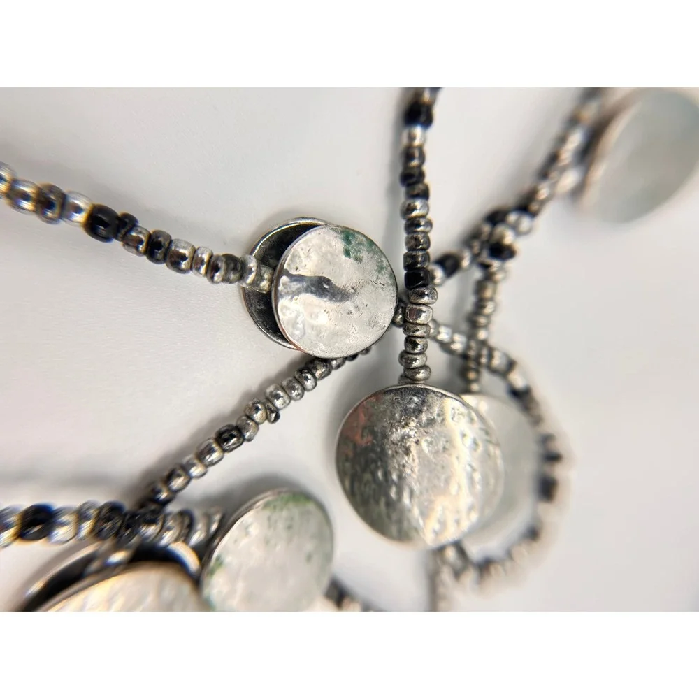 Chicos Long Beaded Necklace Womens OS Silver Black Good Hammered Disc Layered